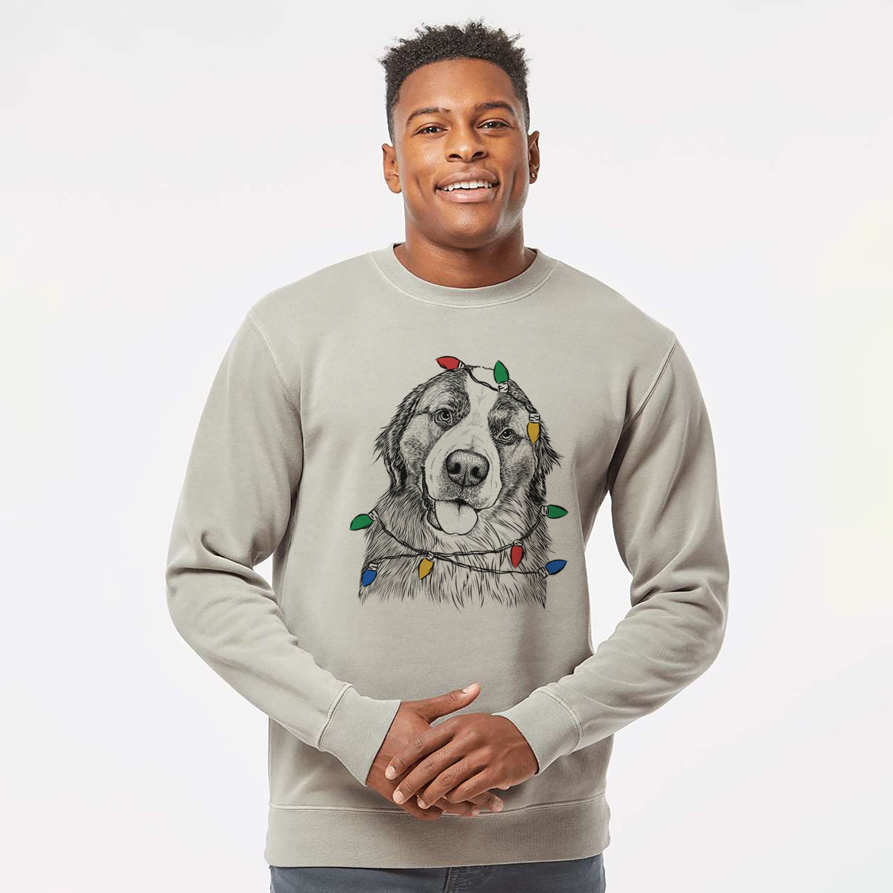 Christmas Lights Walter the Bernese Mountain Dog Mix - Unisex Pigment Dyed Crew Sweatshirt