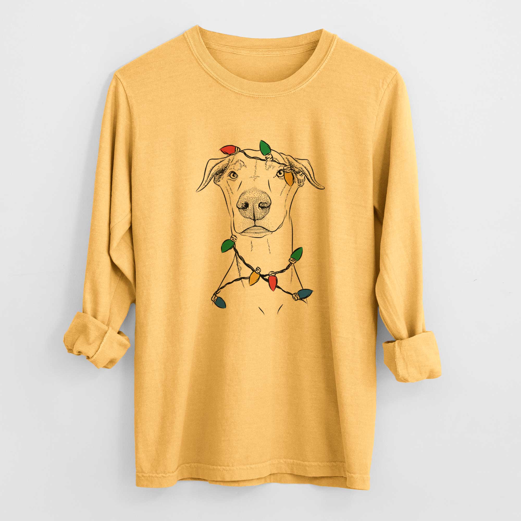 Christmas Lights Walter the White Doberman Rescue - Heavyweight 100% Cotton Long Sleeve