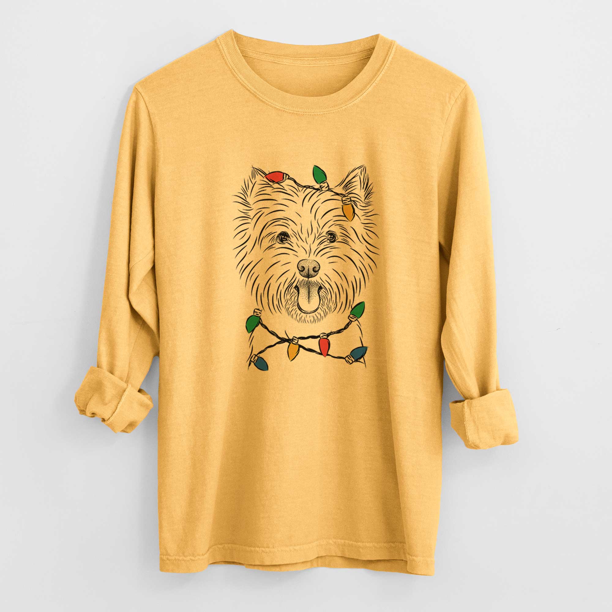 Christmas Lights Welma the West Highland Terrier - Heavyweight 100% Cotton Long Sleeve