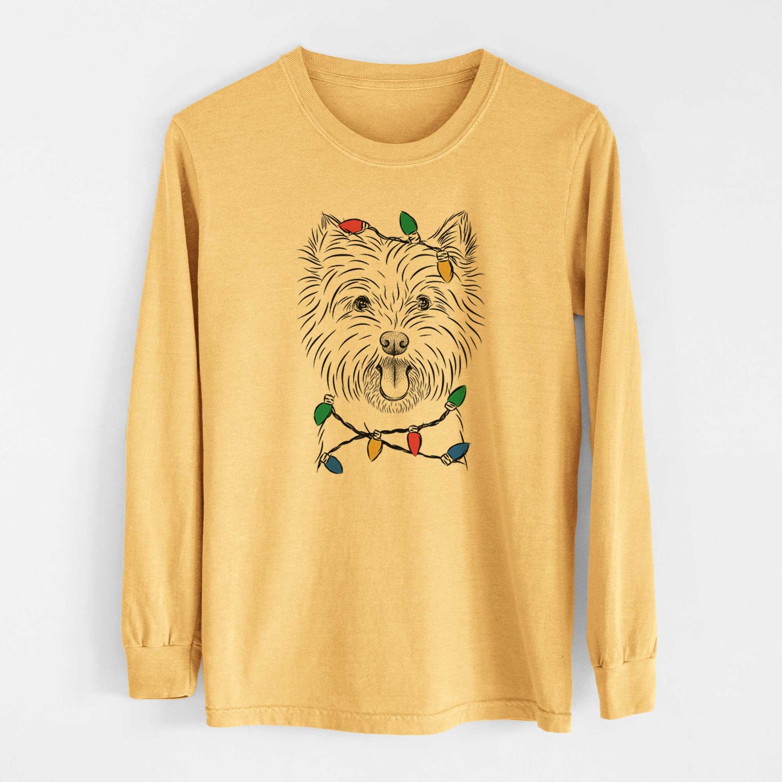 Christmas Lights Welma the West Highland Terrier - Heavyweight 100% Cotton Long Sleeve