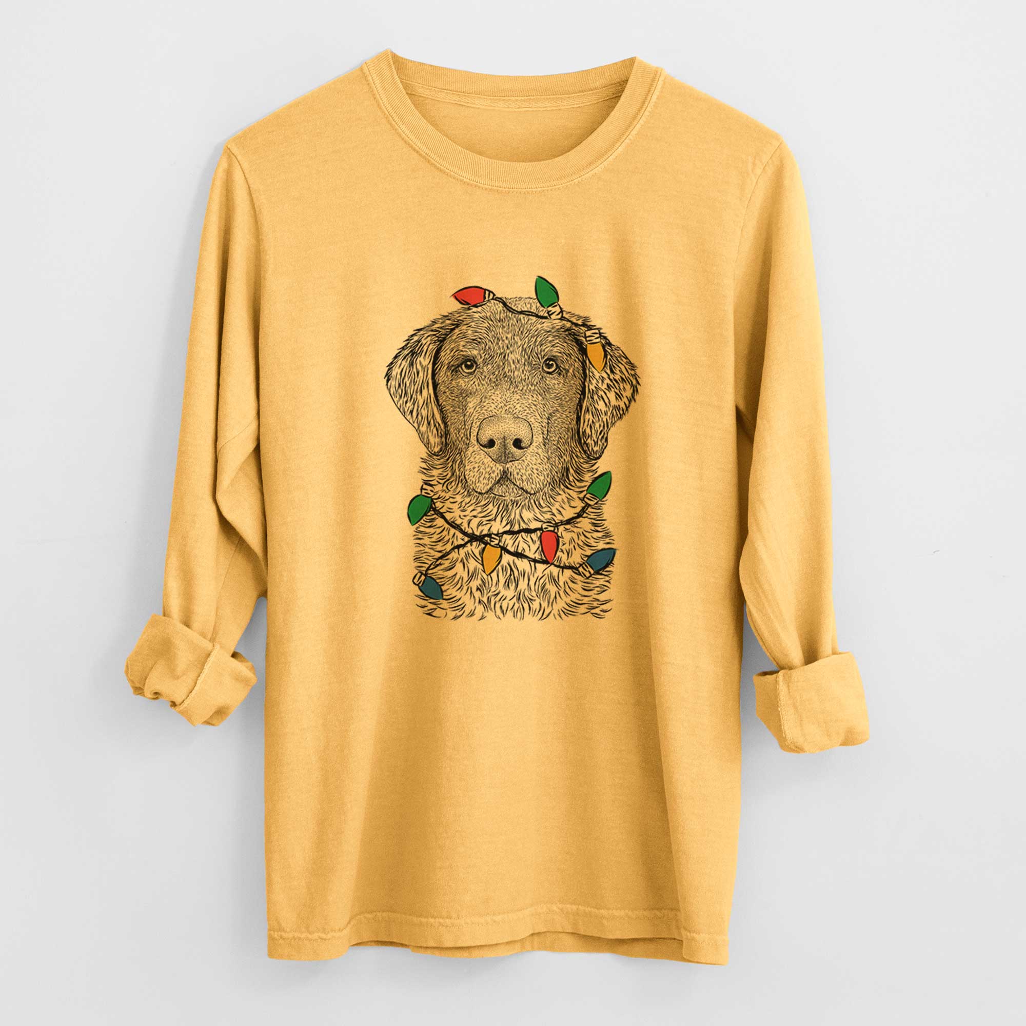 Christmas Lights Whiskey the Chocolate Lab - Heavyweight 100% Cotton Long Sleeve