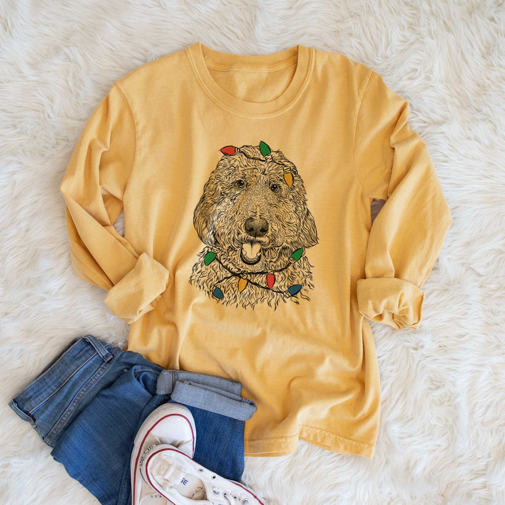 Christmas Lights Whisper the Goldendoodle - Heavyweight 100% Cotton Long Sleeve