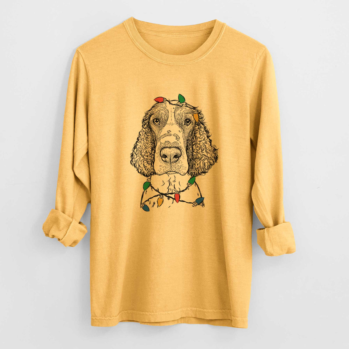 Christmas Lights Wilbur the English Springer Spaniel - Heavyweight 100% Cotton Long Sleeve