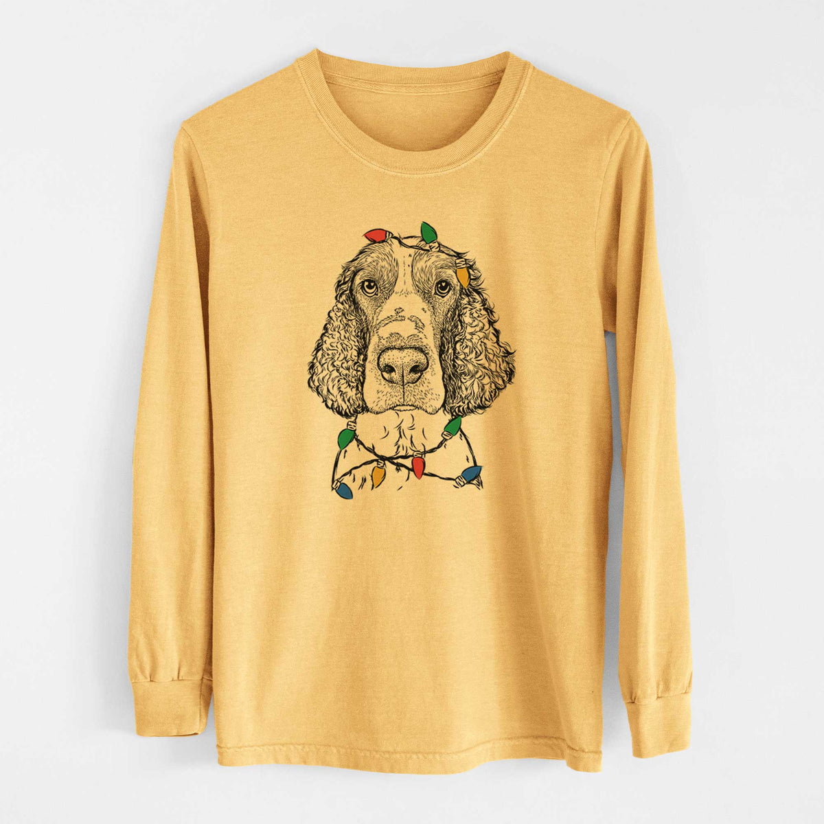 Christmas Lights Wilbur the English Springer Spaniel - Heavyweight 100% Cotton Long Sleeve
