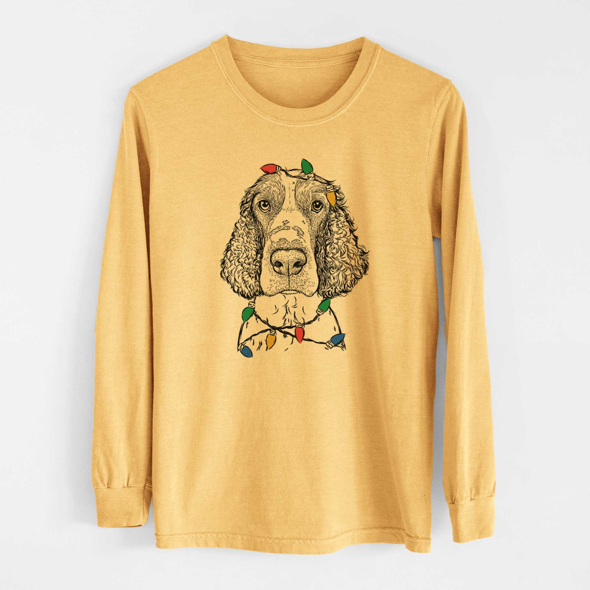 Christmas Lights Wilbur the English Springer Spaniel - Heavyweight 100% Cotton Long Sleeve