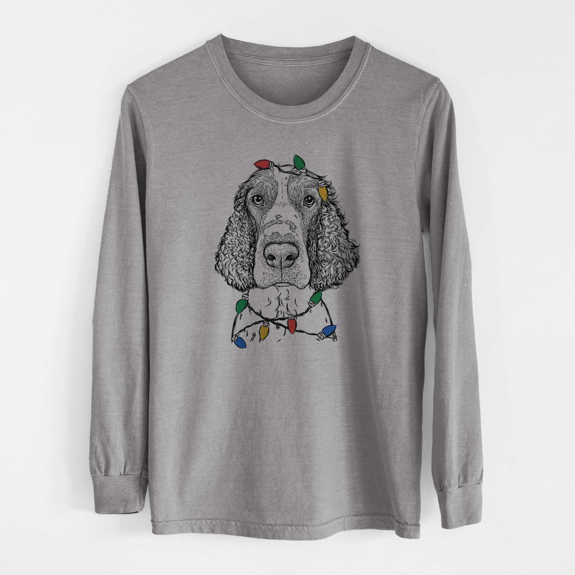 Christmas Lights Wilbur the English Springer Spaniel - Heavyweight 100% Cotton Long Sleeve