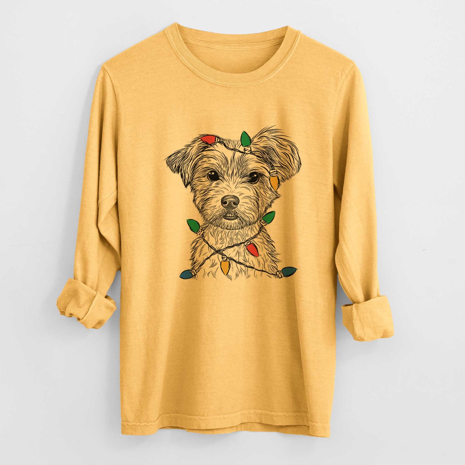 Christmas Lights William Mitchell Newman the Yorkshire Terrier - Heavyweight 100% Cotton Long Sleeve
