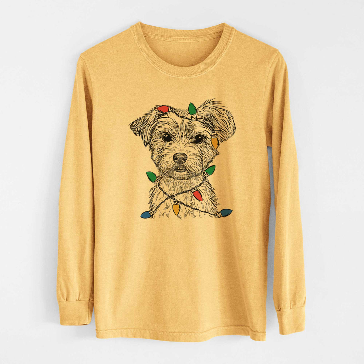 Christmas Lights William Mitchell Newman the Yorkshire Terrier - Heavyweight 100% Cotton Long Sleeve
