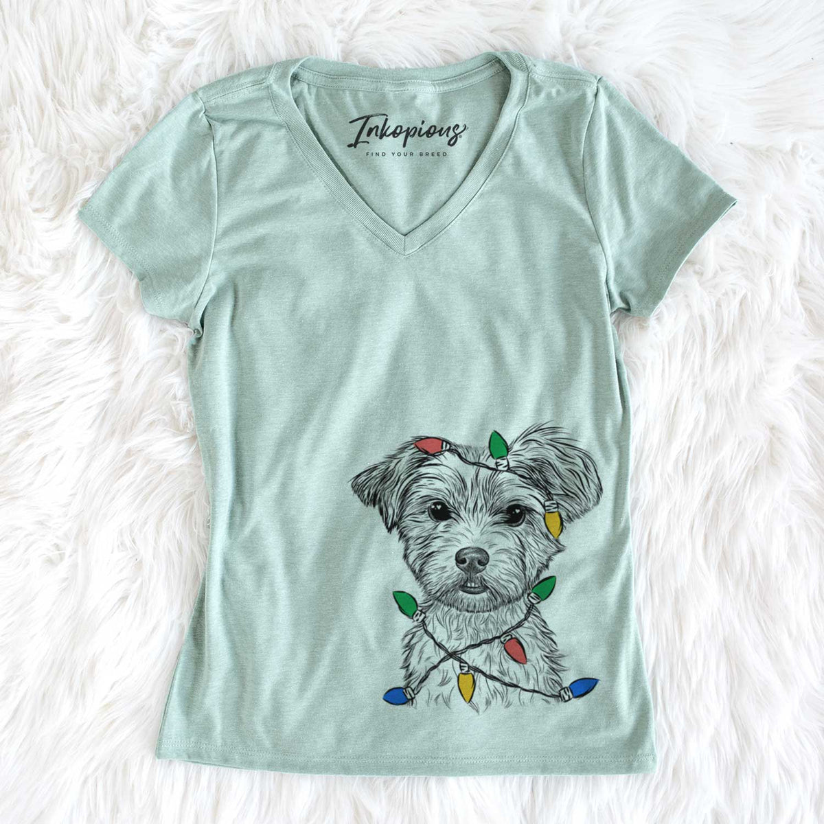 Christmas Lights William Mitchell Newman the Yorkshire Terrier - Women&#39;s V-neck Shirt