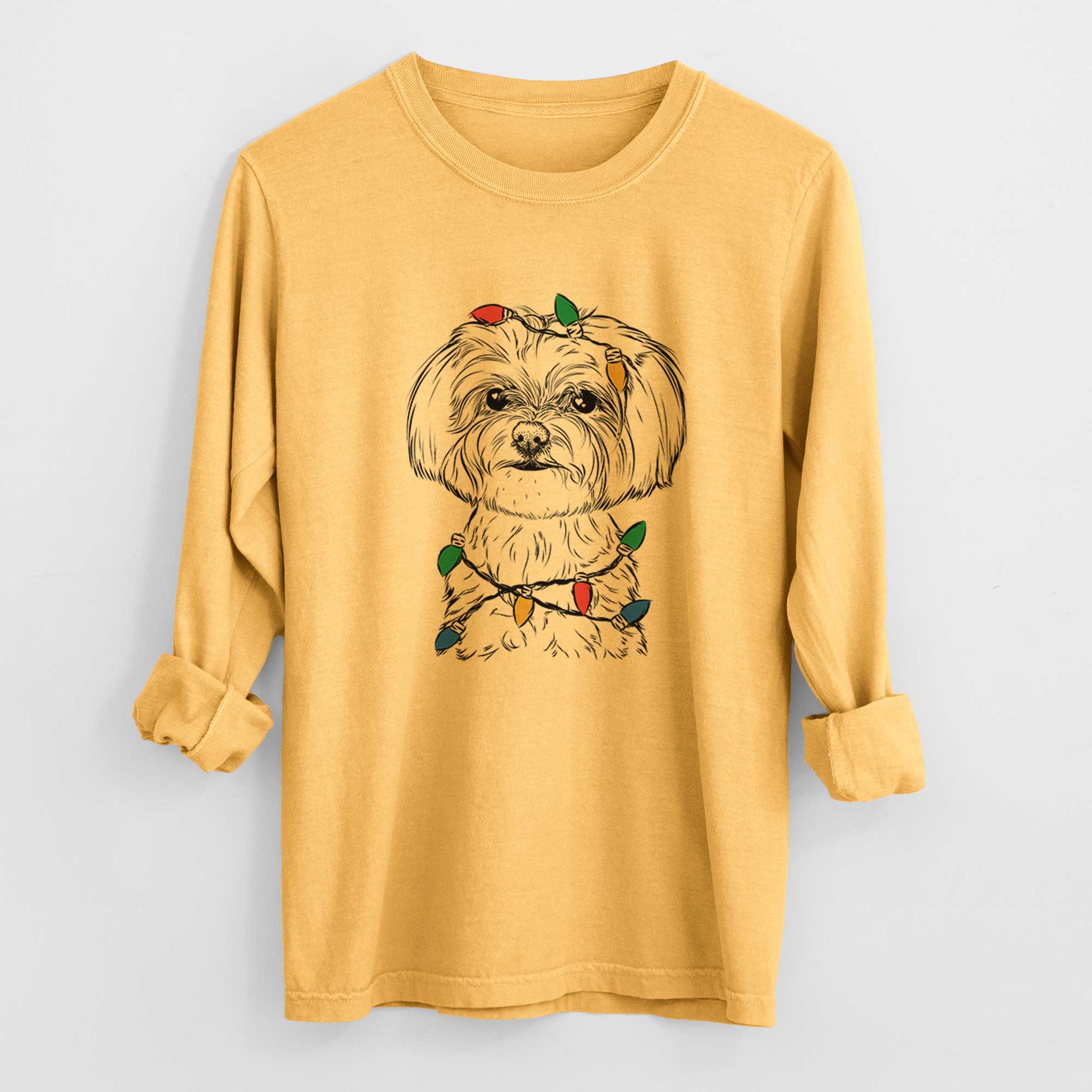 Christmas Lights Willow the Maltese - Heavyweight 100% Cotton Long Sleeve