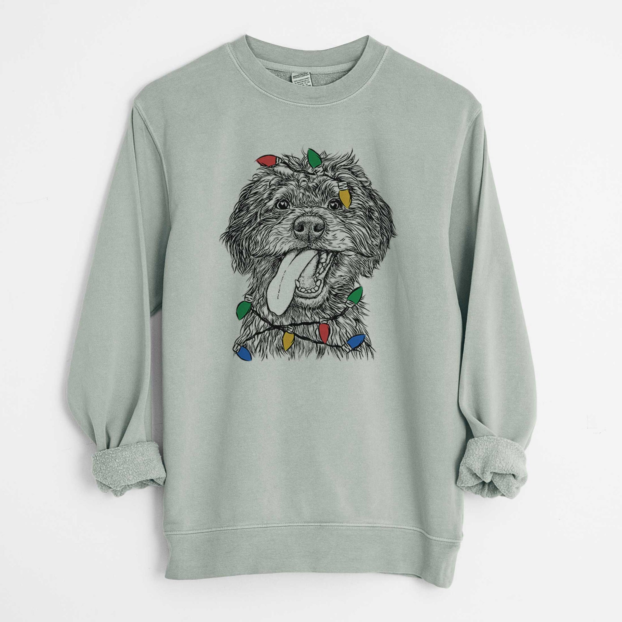 Christmas Lights Winnie the Mini Aussiedoodle - Unisex Pigment Dyed Crew Sweatshirt