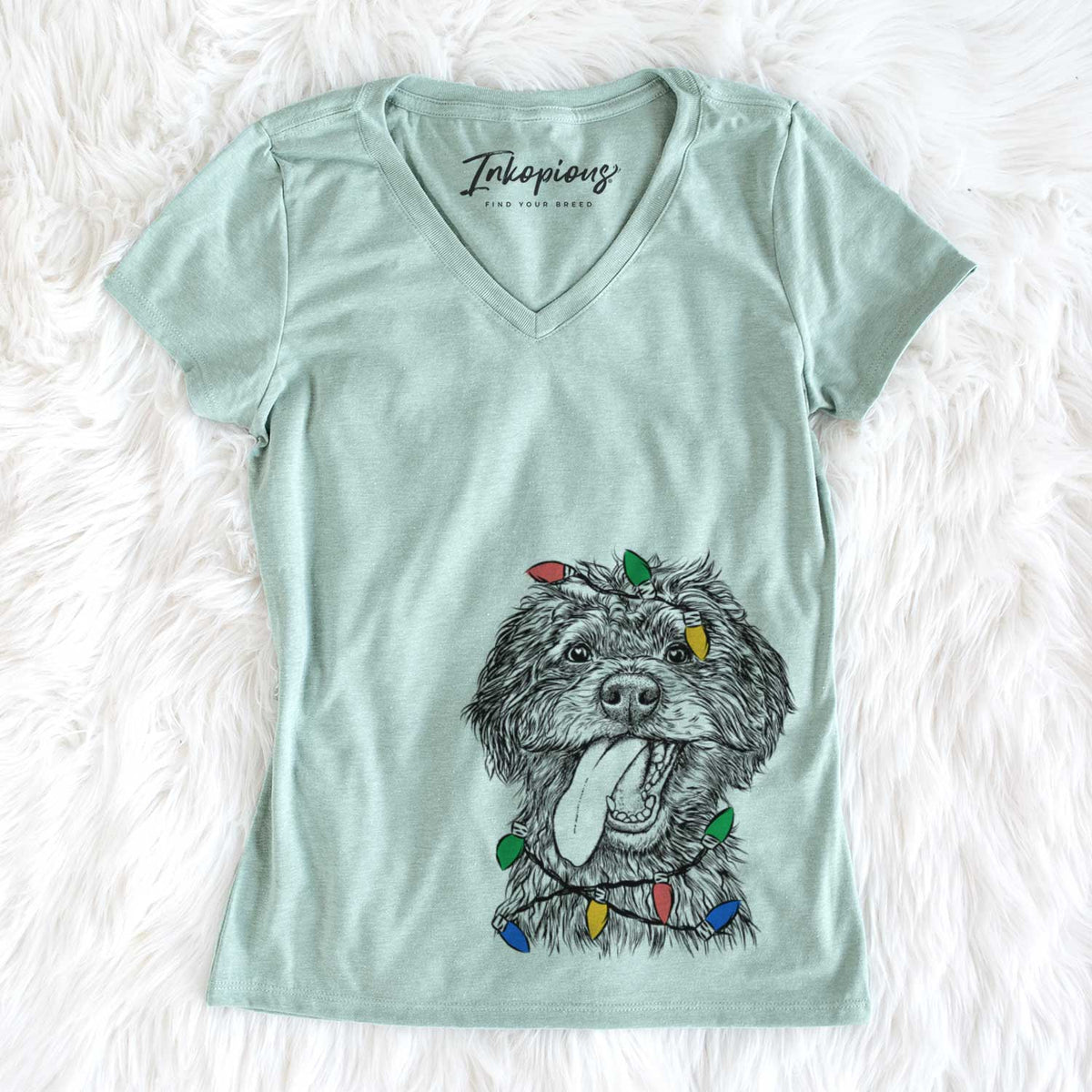 Christmas Lights Winnie the Mini Aussiedoodle - Women&#39;s V-neck Shirt