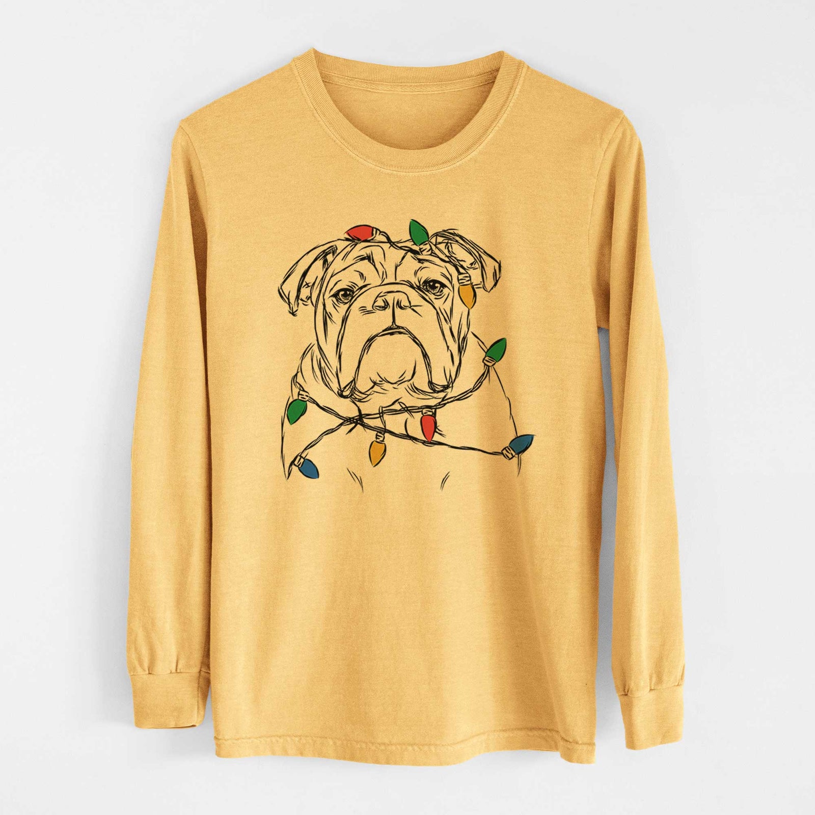 Christmas Lights Winston the English Bulldog - Heavyweight 100% Cotton Long Sleeve