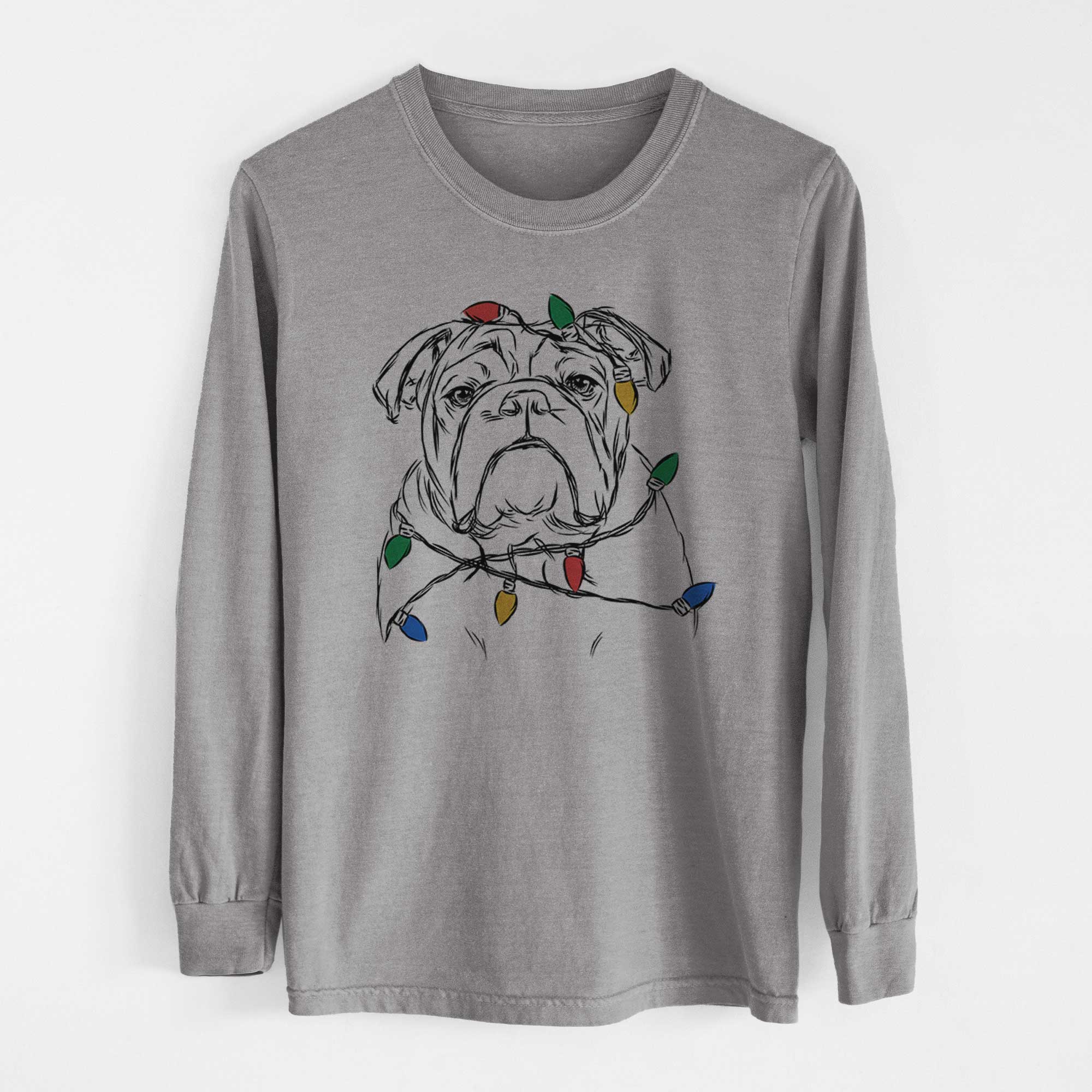 Christmas Lights Winston the English Bulldog - Heavyweight 100% Cotton Long Sleeve