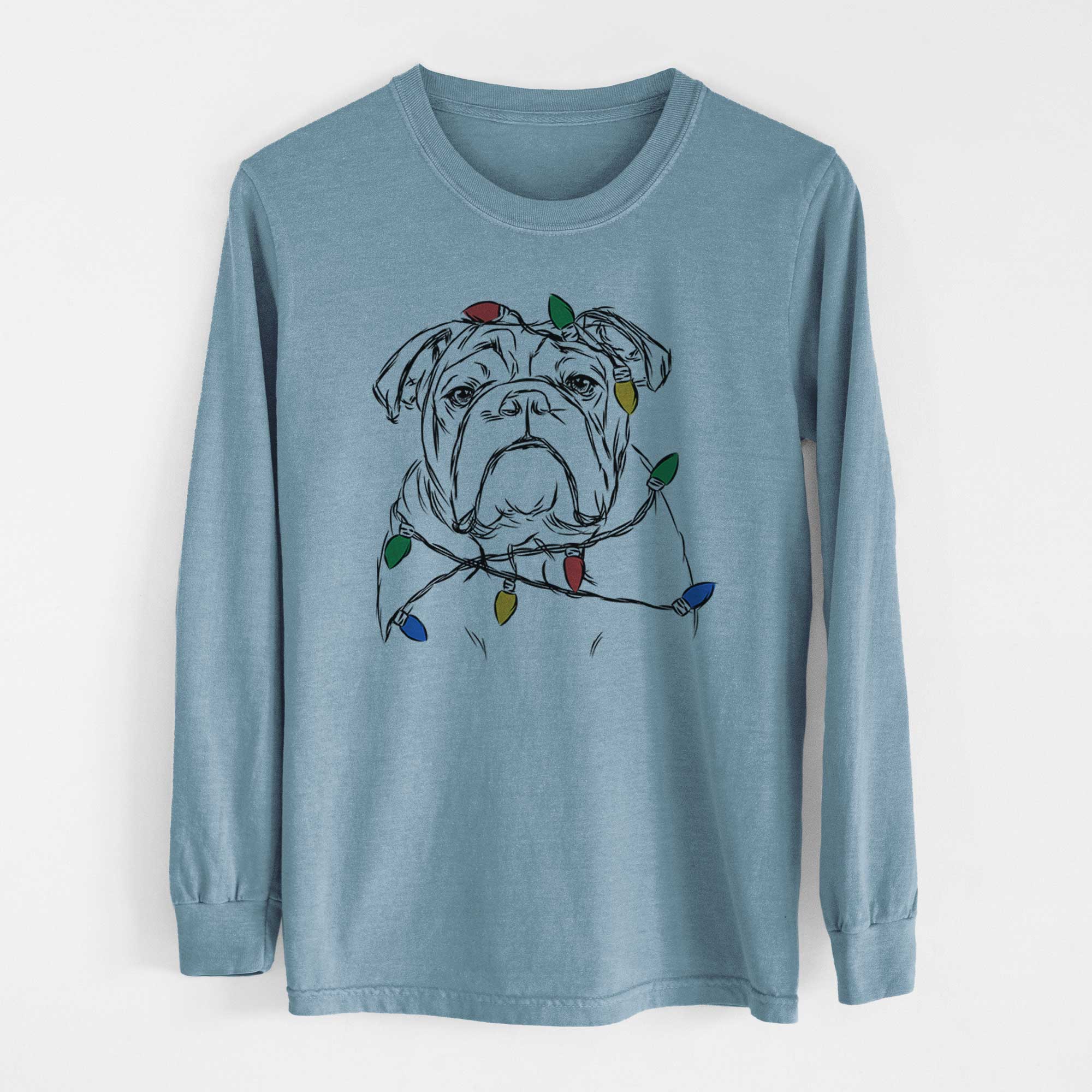 Christmas Lights Winston the English Bulldog - Heavyweight 100% Cotton Long Sleeve