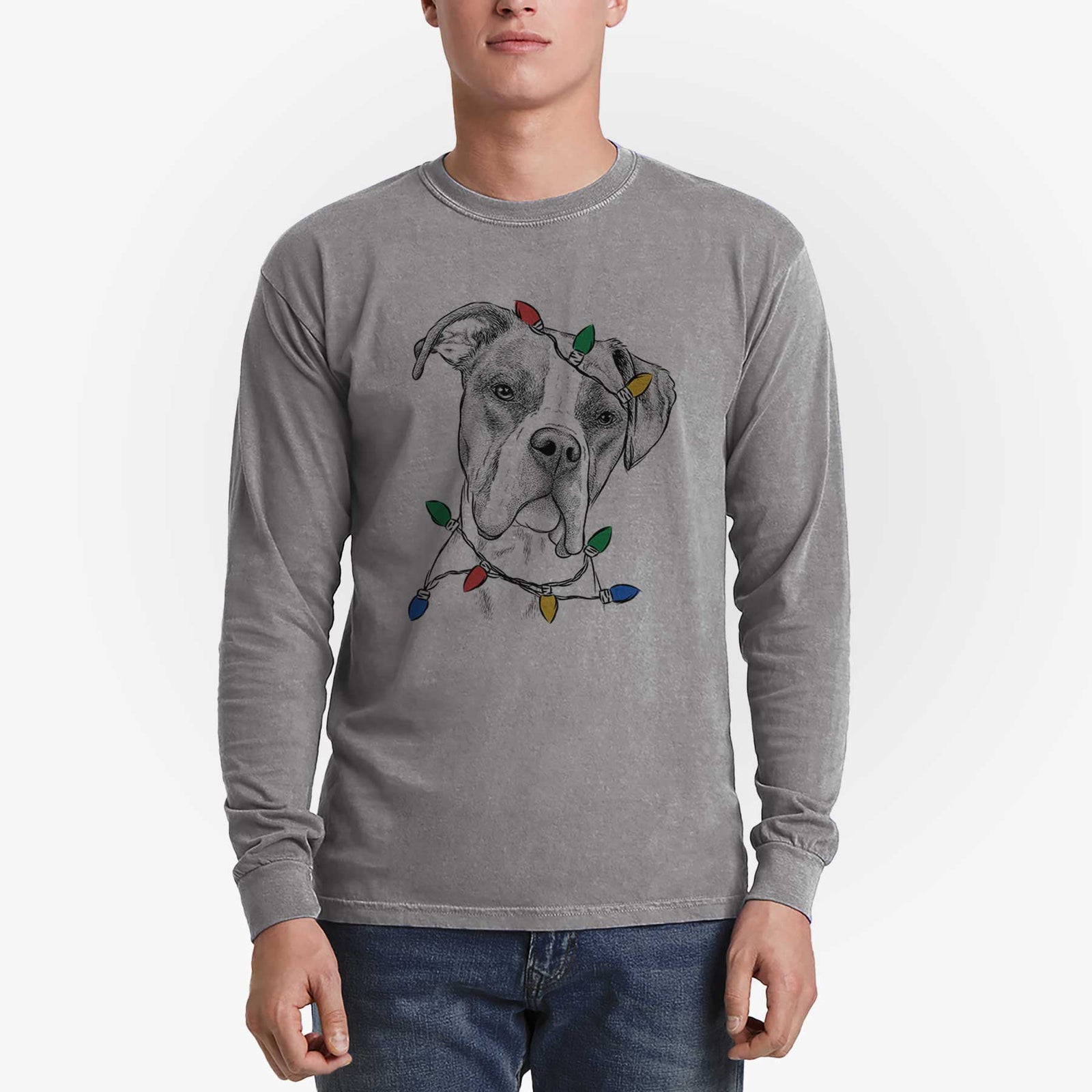 Christmas Lights Winston the Boxer - Heavyweight 100% Cotton Long Sleeve