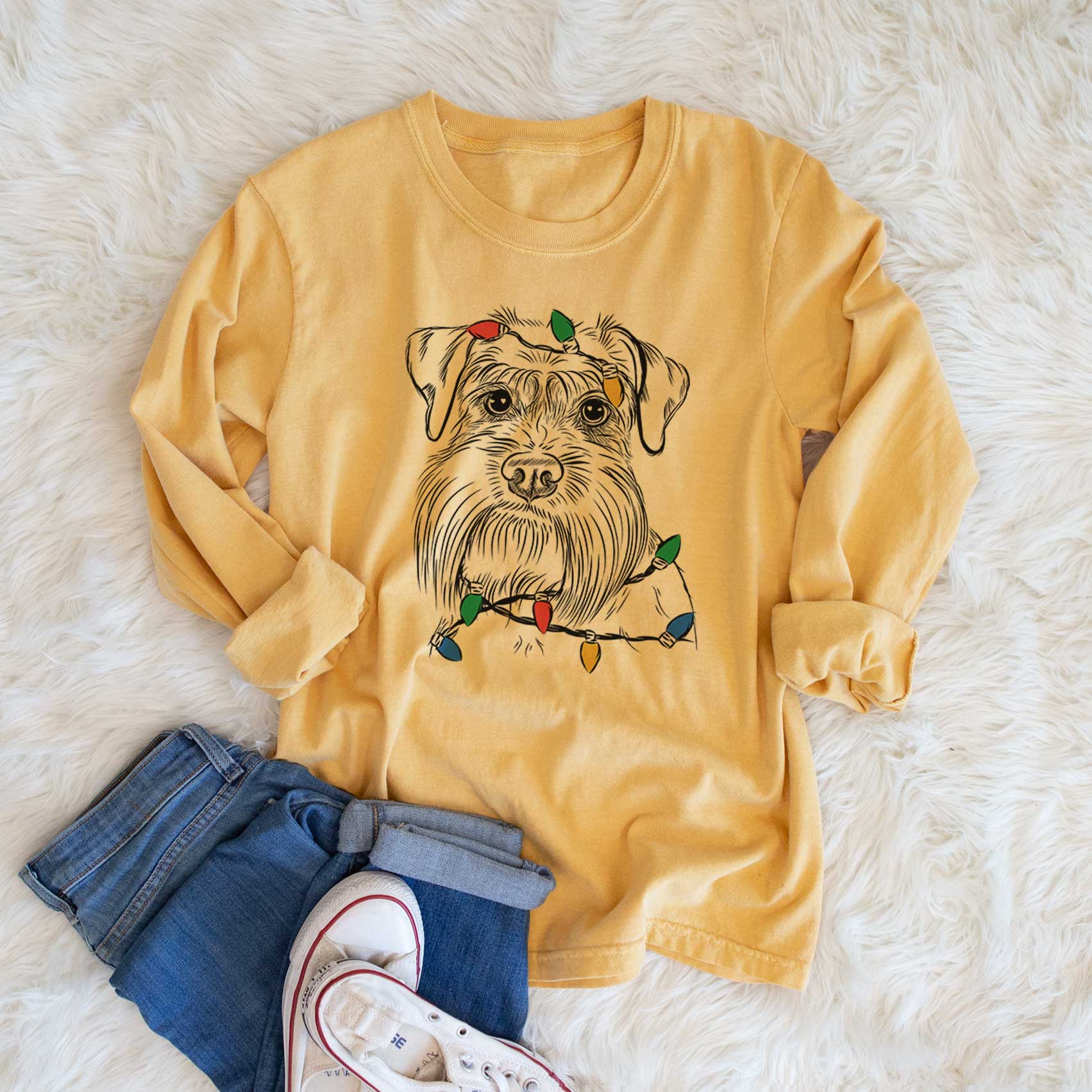 Christmas Lights Wrigley the Schnauzer - Heavyweight 100% Cotton Long Sleeve