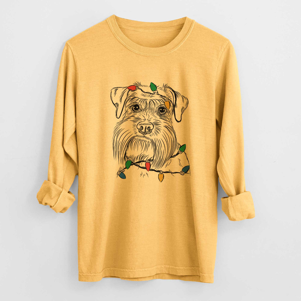 Christmas Lights Wrigley the Schnauzer - Heavyweight 100% Cotton Long Sleeve