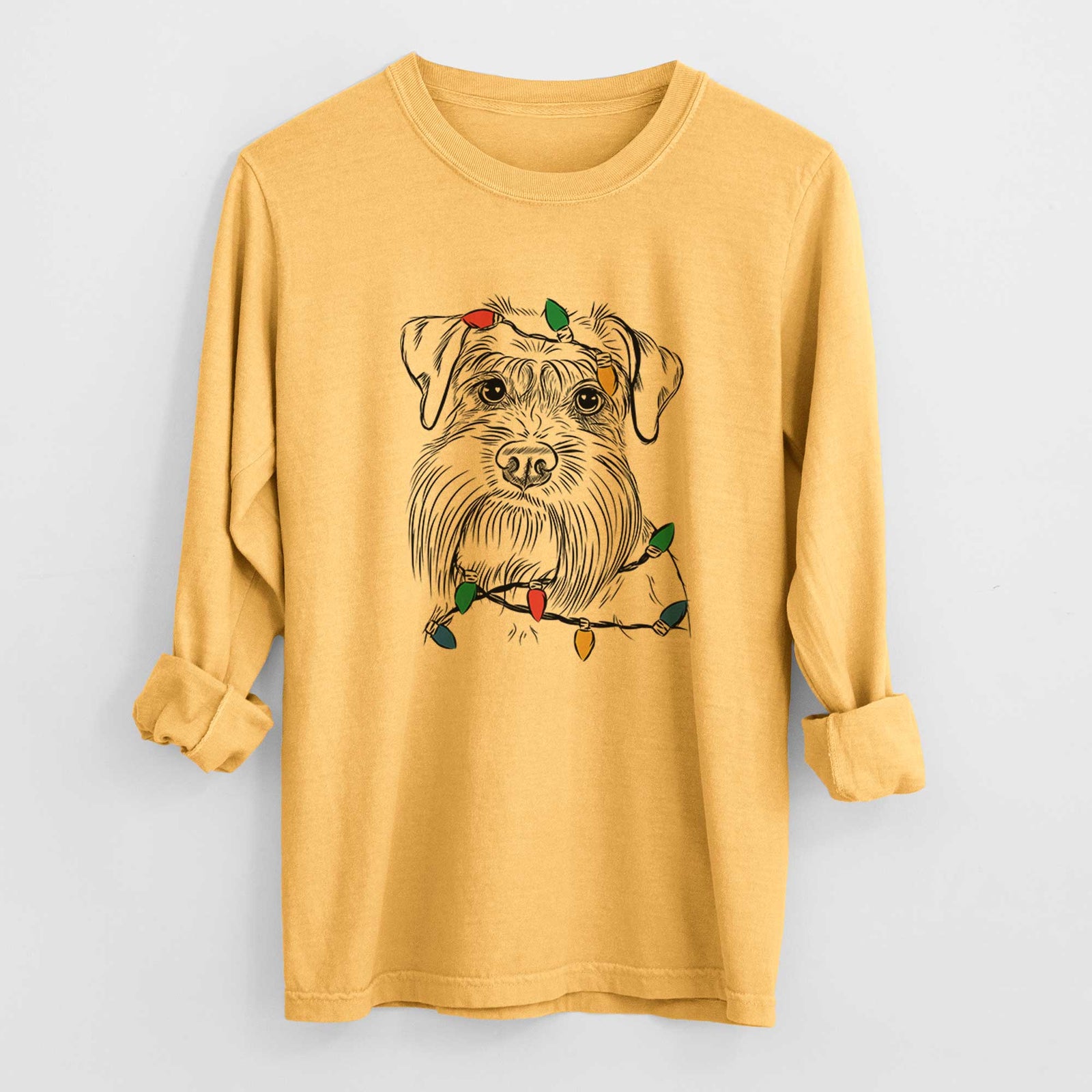 Christmas Lights Wrigley the Schnauzer - Heavyweight 100% Cotton Long Sleeve