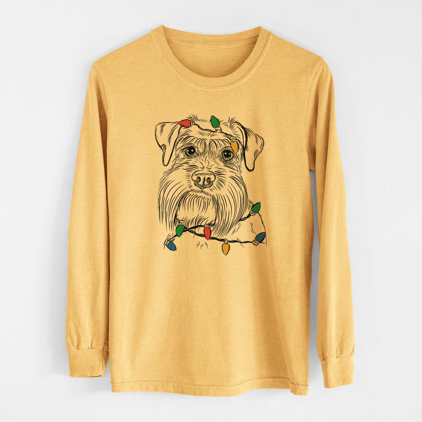 Christmas Lights Wrigley the Schnauzer - Heavyweight 100% Cotton Long Sleeve