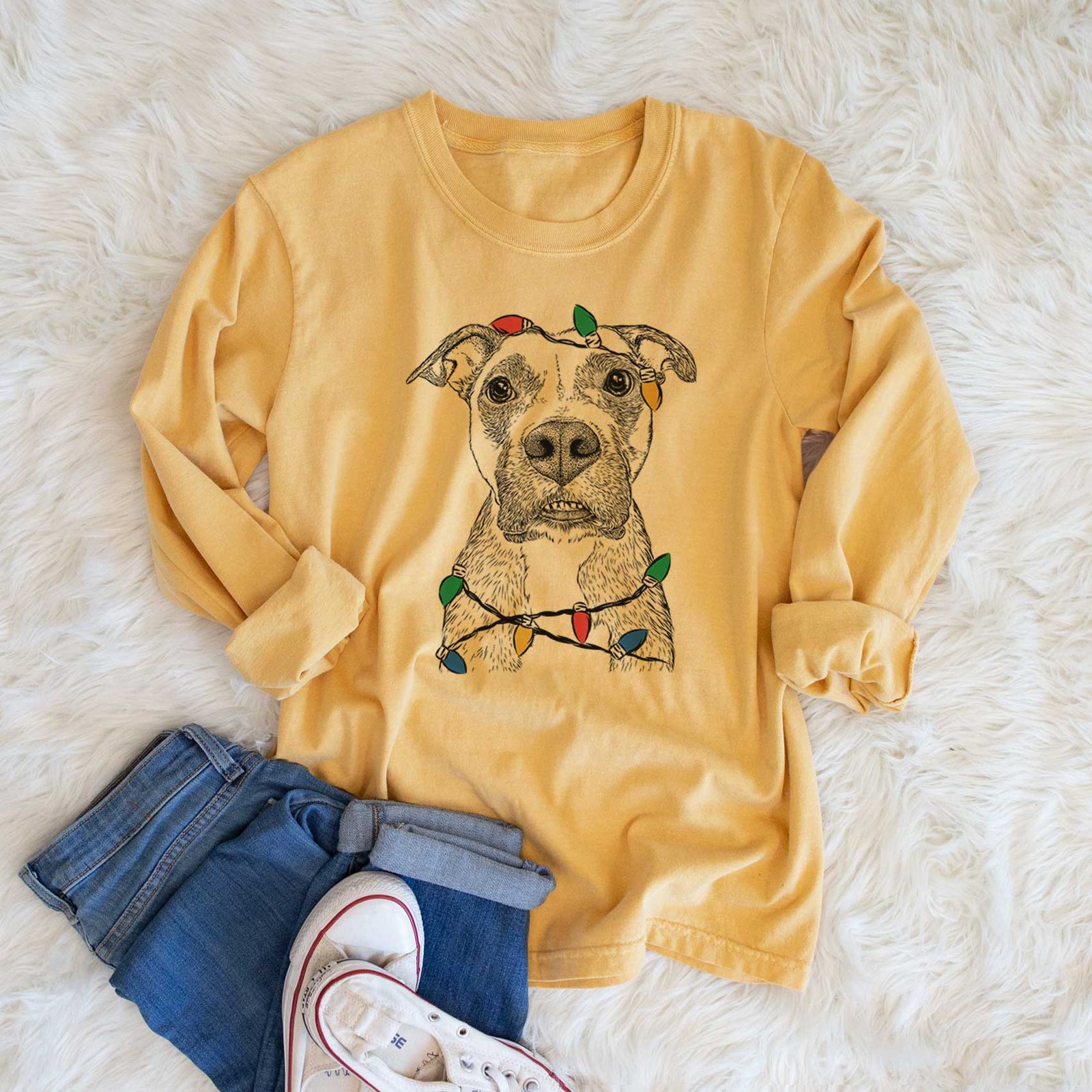 Christmas Lights Xena the Mixed Breed - Heavyweight 100% Cotton Long Sleeve