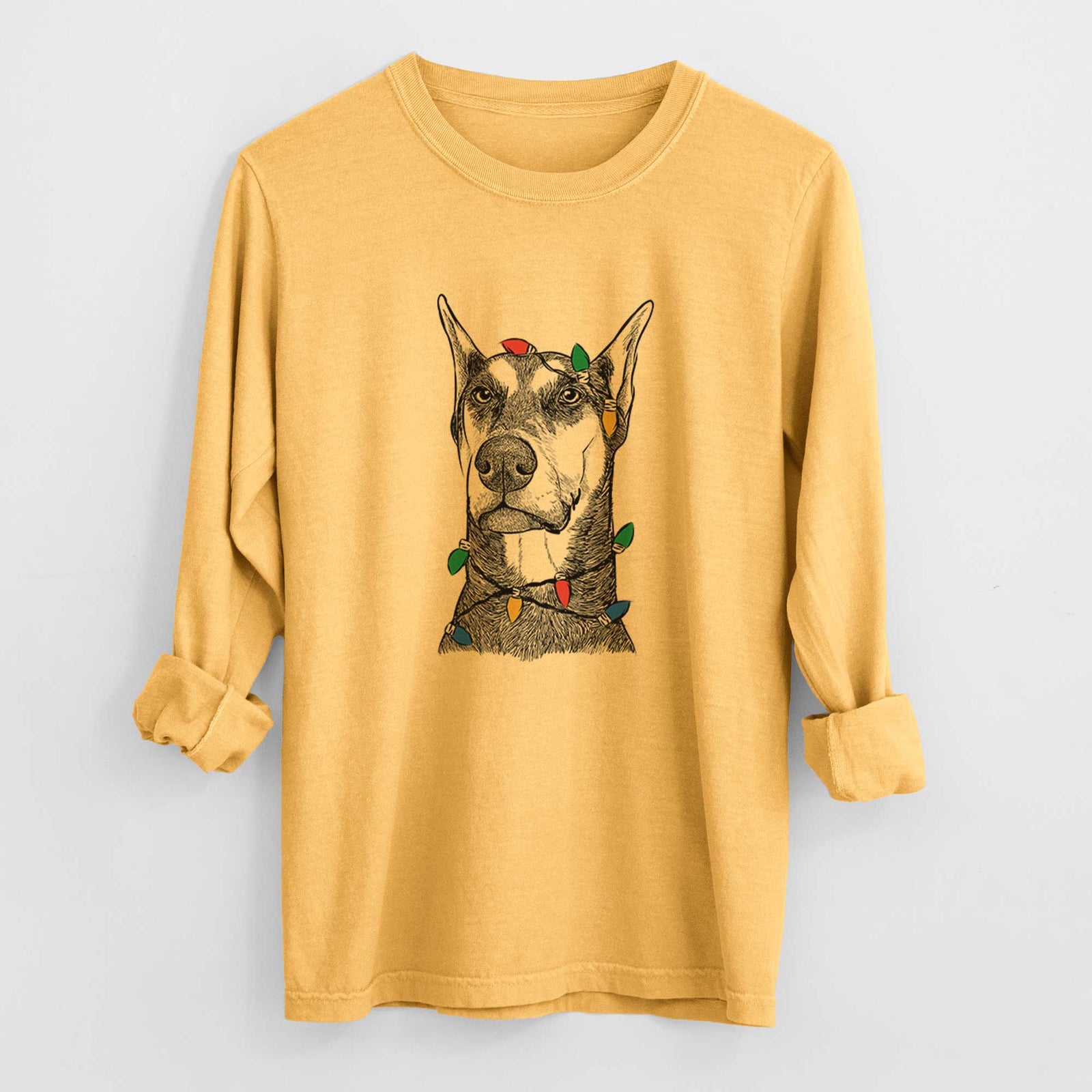 Christmas Lights Zeus the Doberman Pinscher - Heavyweight 100% Cotton Long Sleeve