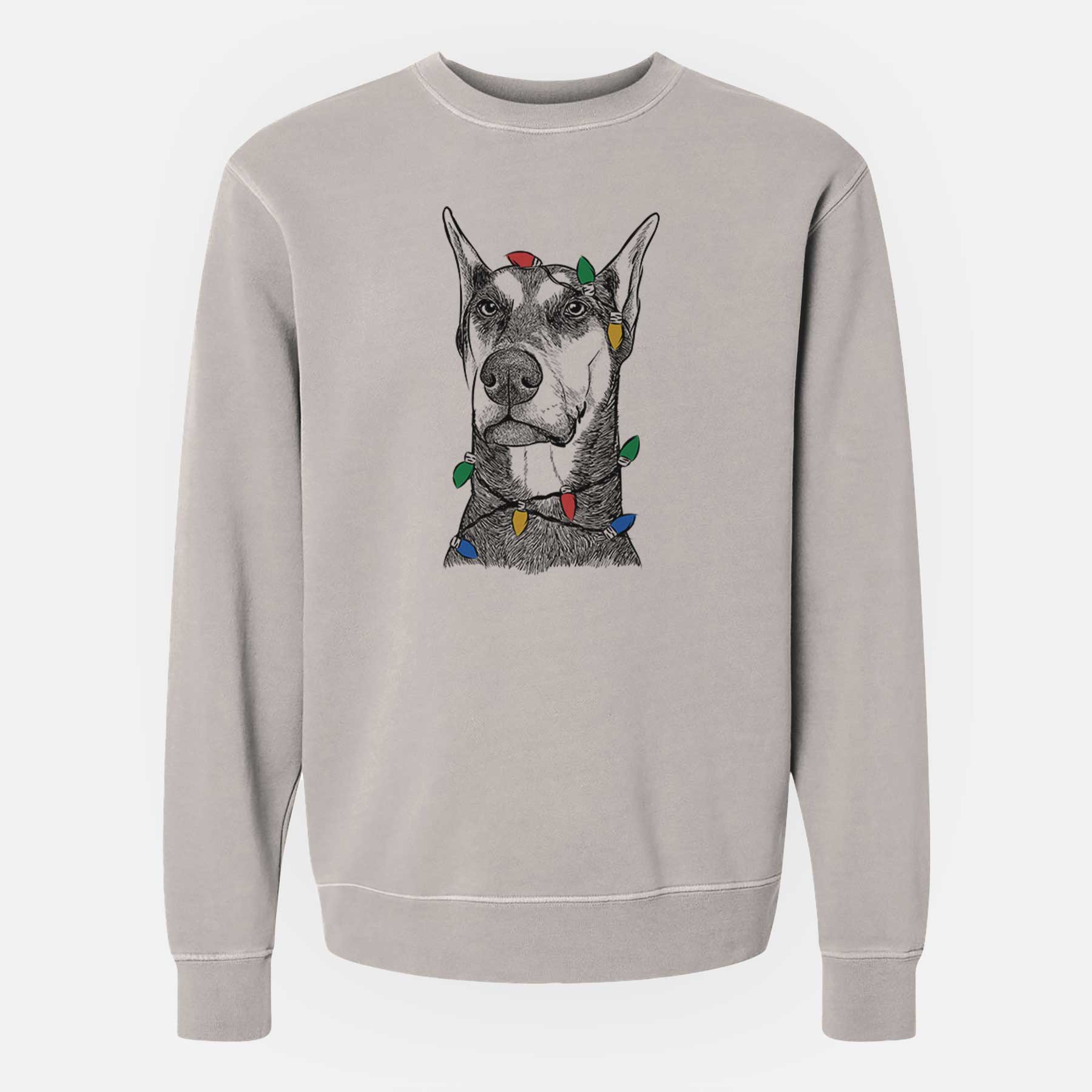 Christmas Lights Zeus the Doberman Pinscher - Unisex Pigment Dyed Crew Sweatshirt