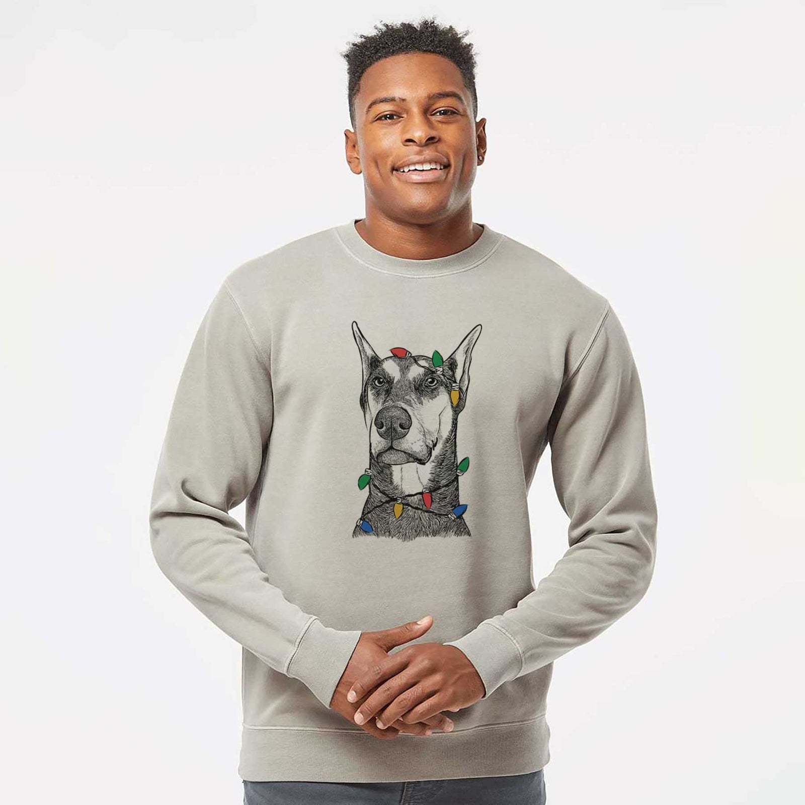 Christmas Lights Zeus the Doberman Pinscher - Unisex Pigment Dyed Crew Sweatshirt