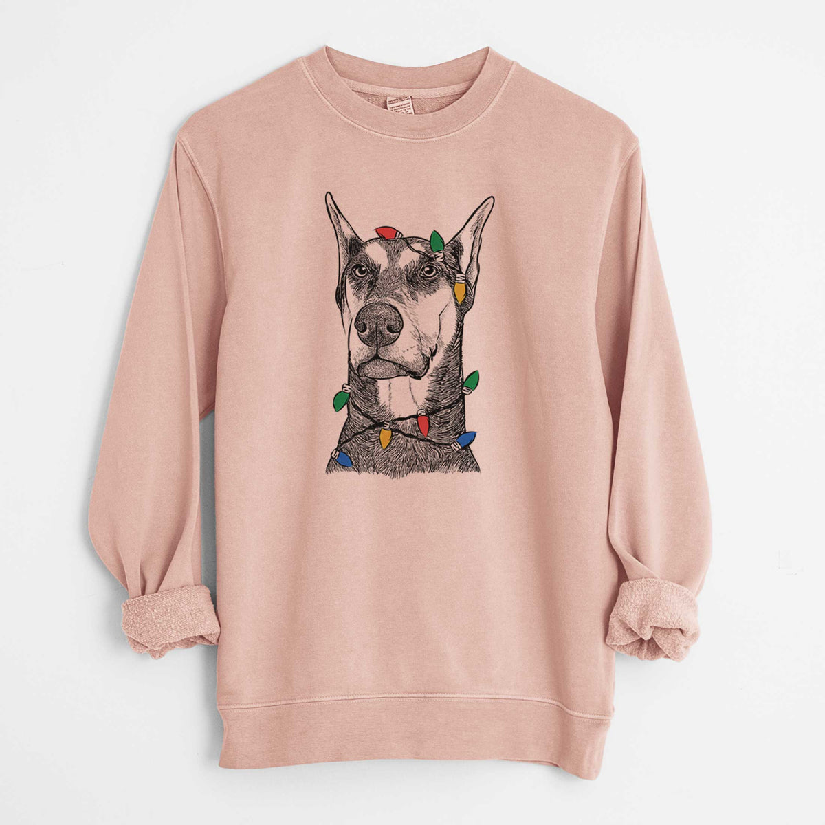 Christmas Lights Zeus the Doberman Pinscher - Unisex Pigment Dyed Crew Sweatshirt