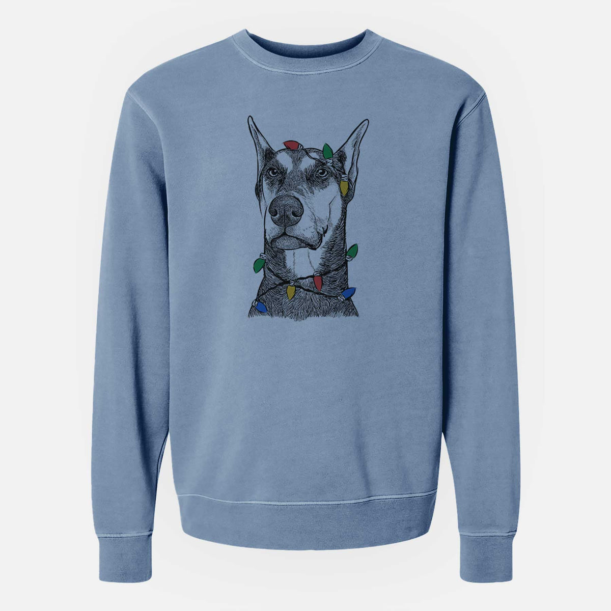 Christmas Lights Zeus the Doberman Pinscher - Unisex Pigment Dyed Crew Sweatshirt