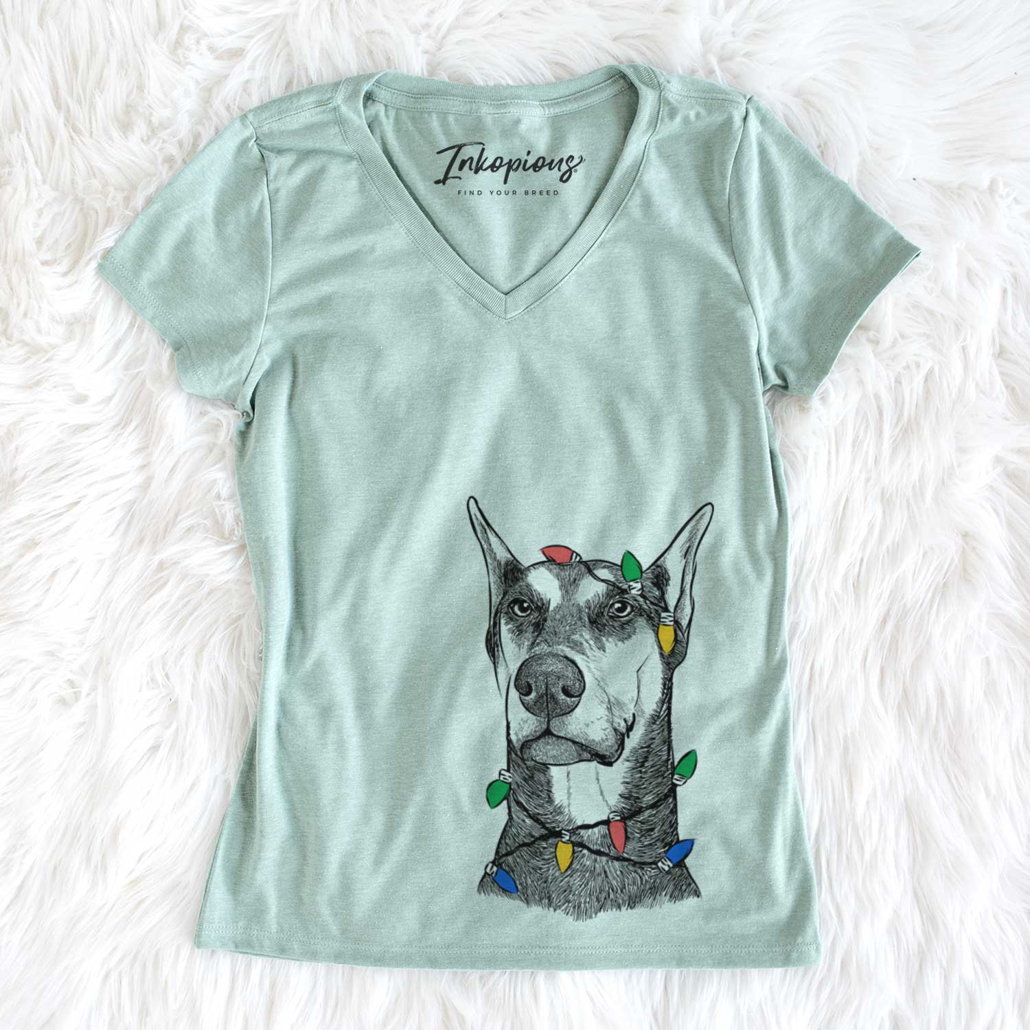 Christmas Lights Zeus the Doberman Pinscher - Women's V-neck Shirt