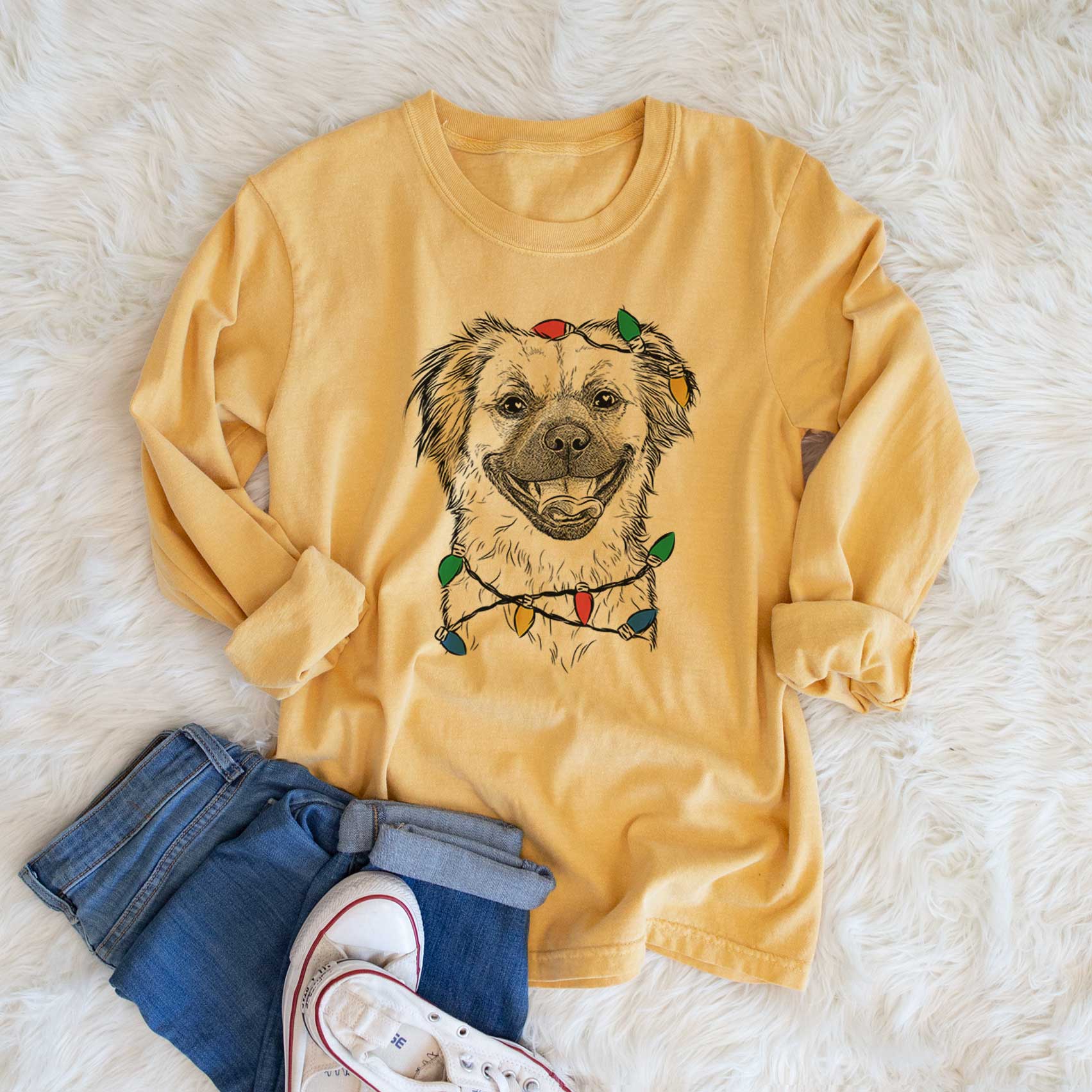 Christmas Lights Zuri the Spaniel Mix - Heavyweight 100% Cotton Long Sleeve