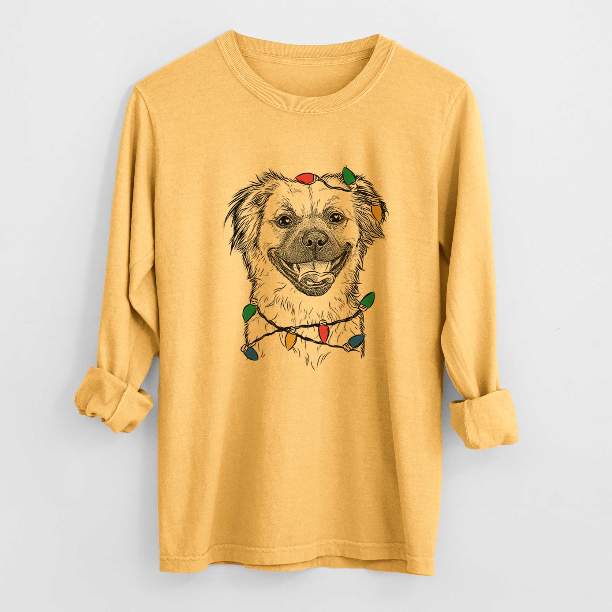 Christmas Lights Zuri the Spaniel Mix - Heavyweight 100% Cotton Long Sleeve